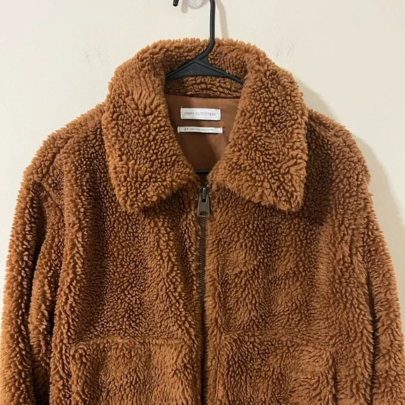 Urban Outfitters Willow Fuzzy Brown Drawstring Teddy Full Zip Cropped Jacket S - Picture 4 of 11